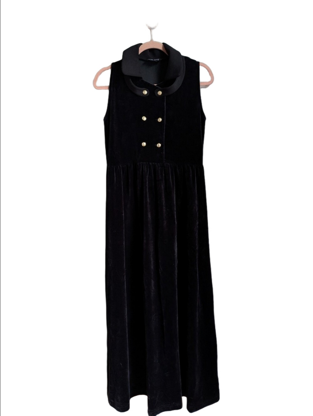 RIKI ROY Black Velvet De Rétro Cocktail Peter Pan Collar Maxi Dress Size Medium